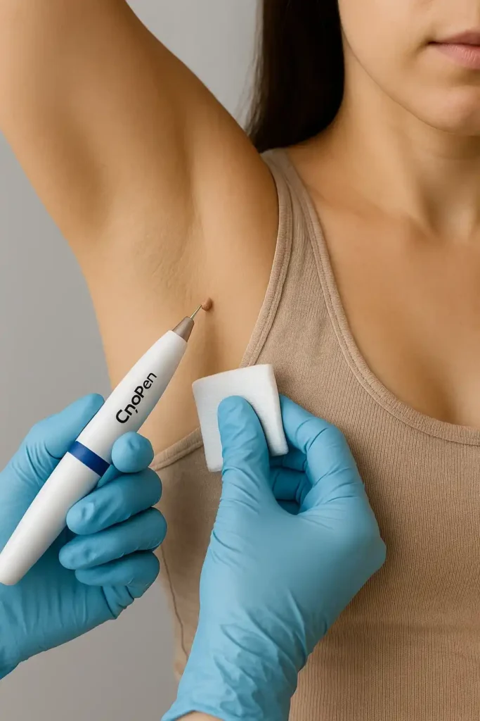 woman having cryopen to remove underarm skin tags Cricklewood